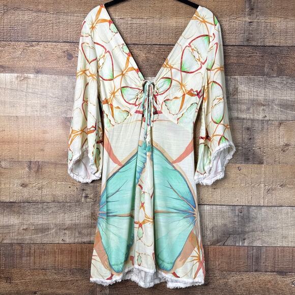 Farm Rio Butterfly Mini Dress Cropped Bell Sleeve V-Neck Size P Small - Picture 2 of 12